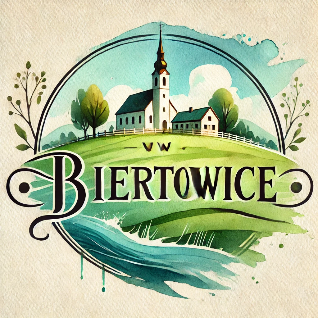 DALL·E 2024-09-16 20.20.45 - A watercolor-style logo for the village of Biertowice, prominently featuring the text 'www.biertowice.pl' in an elegant, flowing font. The background