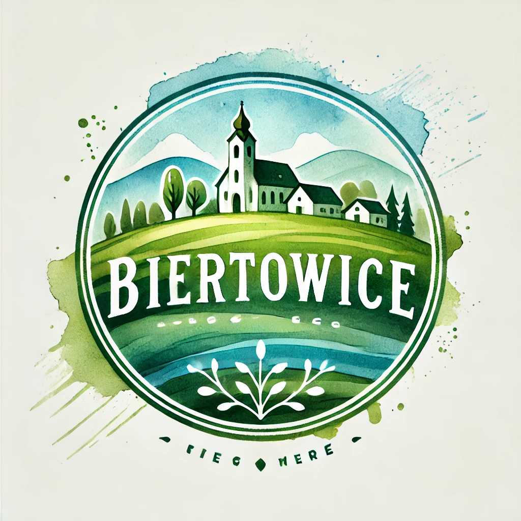 DALL·E 2024-09-16 20.20.53 - A watercolor-style logo for the village of Biertowice. The design features the name 'Biertowice' in a clean, elegant font, with a watercolor landscape